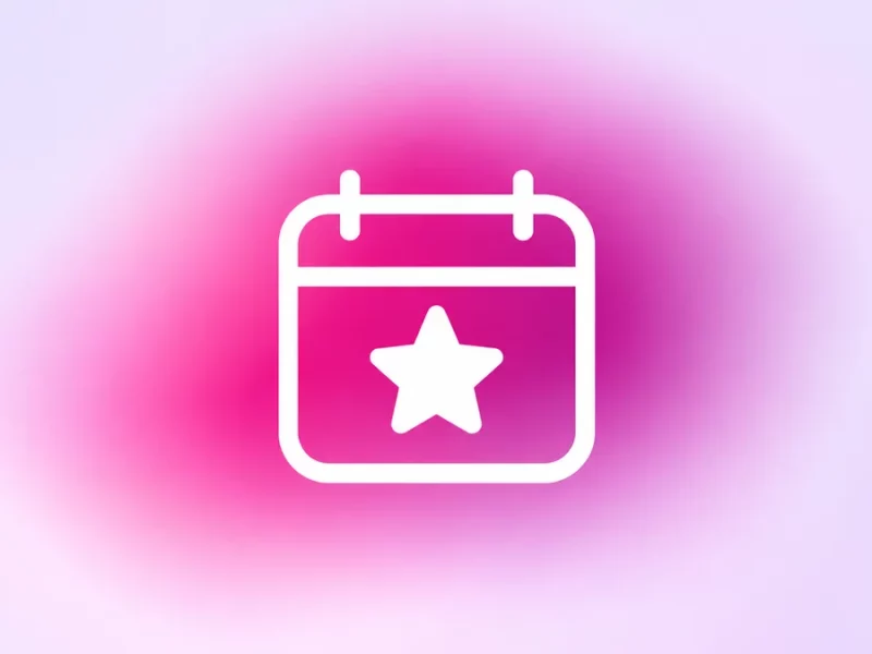 Stilisiertes weißes Kalender-Symbol mit Stern auf magentafarbenem Verlauf